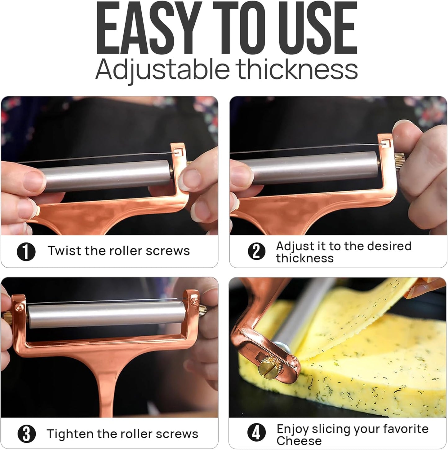 Stainless Steel Wire Cheese Slicer - Adjustable Hand Held Cheese Cutter with 2 Extra Wires - Premium Cheese Knife for Mozzarella, Cheddar, Gruyere - Cheese Cutter with Wire (Silver)