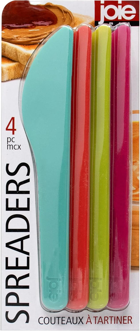 Joie Spreaders Set, Reusable Plastic Knives, 4-Count Assorted Colors | Ideal for Butter, Jelly, Cream Cheese, and More, BPA-Free and Dishwasher Safe