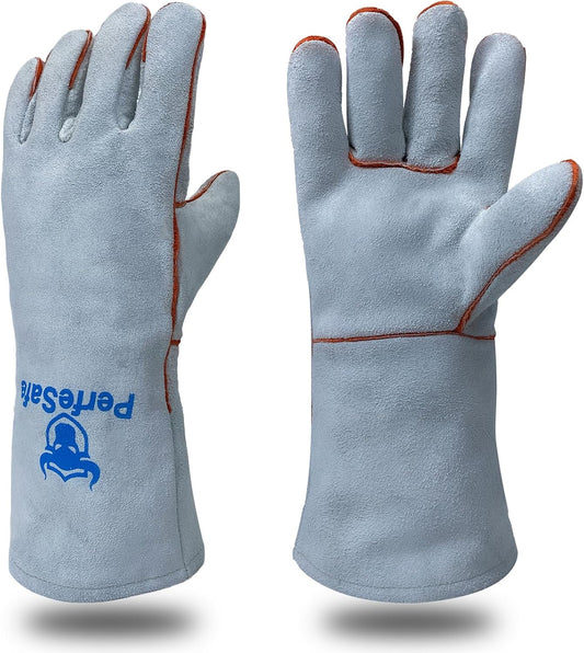 Welding Gloves Heat Resistant Leather Fireproof Gloves 14 In Grey | Welders Gloves for MIG TIG Stick, Grill Gloves Mitts for BBQ,Oven,Forge,Fireplace,Fire Pit,Furnace,Wood Stove,Dry Ice,Baking