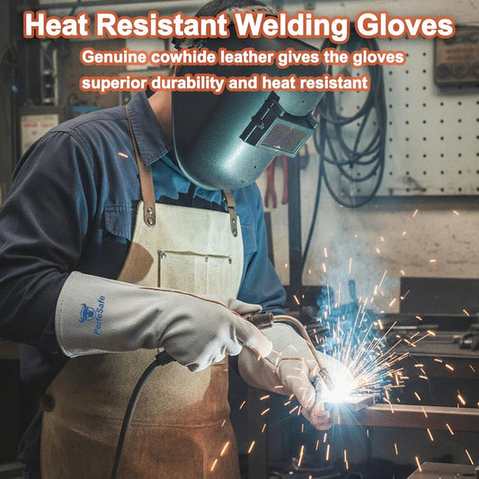 Welding Gloves Heat Resistant Leather Fireproof Gloves 14 In Grey | Welders Gloves for MIG TIG Stick, Grill Gloves Mitts for BBQ,Oven,Forge,Fireplace,Fire Pit,Furnace,Wood Stove,Dry Ice,Baking