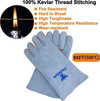 Welding Gloves Heat Resistant Leather Fireproof Gloves 14 In Grey | Welders Gloves for MIG TIG Stick, Grill Gloves Mitts for BBQ,Oven,Forge,Fireplace,Fire Pit,Furnace,Wood Stove,Dry Ice,Baking