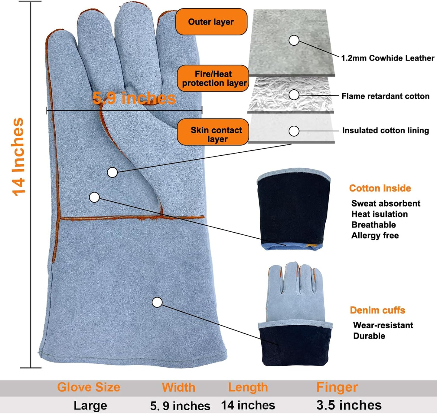 Welding Gloves Heat Resistant Leather Fireproof Gloves 14 In Grey | Welders Gloves for MIG TIG Stick, Grill Gloves Mitts for BBQ,Oven,Forge,Fireplace,Fire Pit,Furnace,Wood Stove,Dry Ice,Baking
