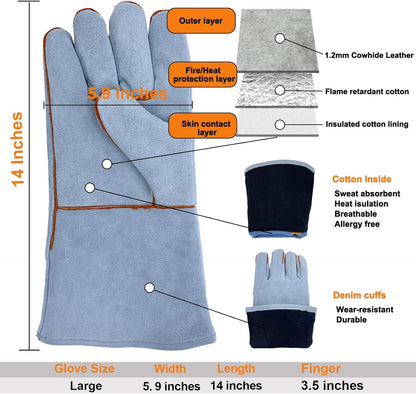 Welding Gloves Heat Resistant Leather Fireproof Gloves 14 In Grey | Welders Gloves for MIG TIG Stick, Grill Gloves Mitts for BBQ,Oven,Forge,Fireplace,Fire Pit,Furnace,Wood Stove,Dry Ice,Baking