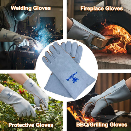 Welding Gloves Heat Resistant Leather Fireproof Gloves 14 In Grey | Welders Gloves for MIG TIG Stick, Grill Gloves Mitts for BBQ,Oven,Forge,Fireplace,Fire Pit,Furnace,Wood Stove,Dry Ice,Baking