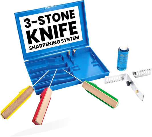 Edgemate 3-Stone Adjustable Knife Sharpening System with Clamp – Professional Sharpener Kit for Kitchen, Utility and Outdoor Knives – Coarse, Medium, Fine Hones with Storage Case and Honing Oil