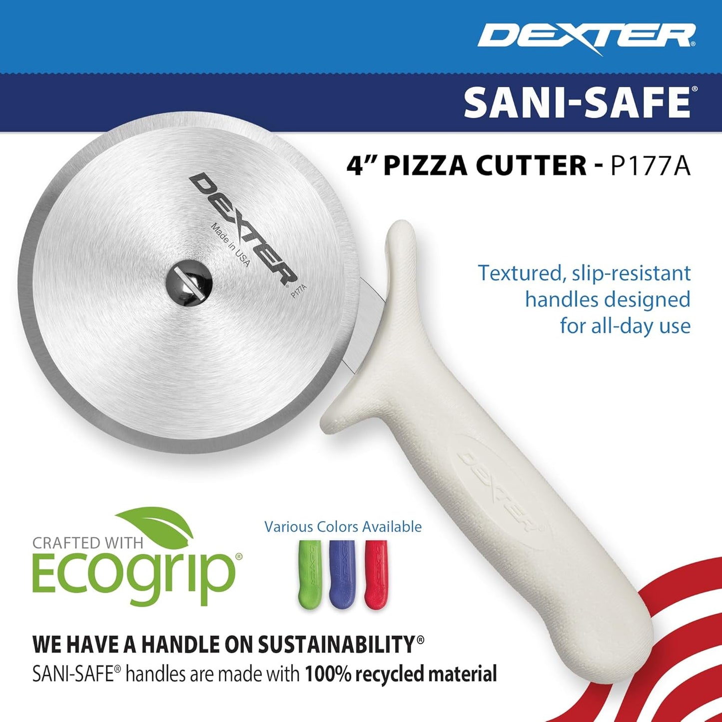 4" Pizza Cutter, P177A-4PCP | SANI-SAFE Series, Stainless Steel Blade with Slip-Resistant Polypropylene Handle | Heavy-Duty Rotary Cutter for Pizza, Pastry & More | Made in USA