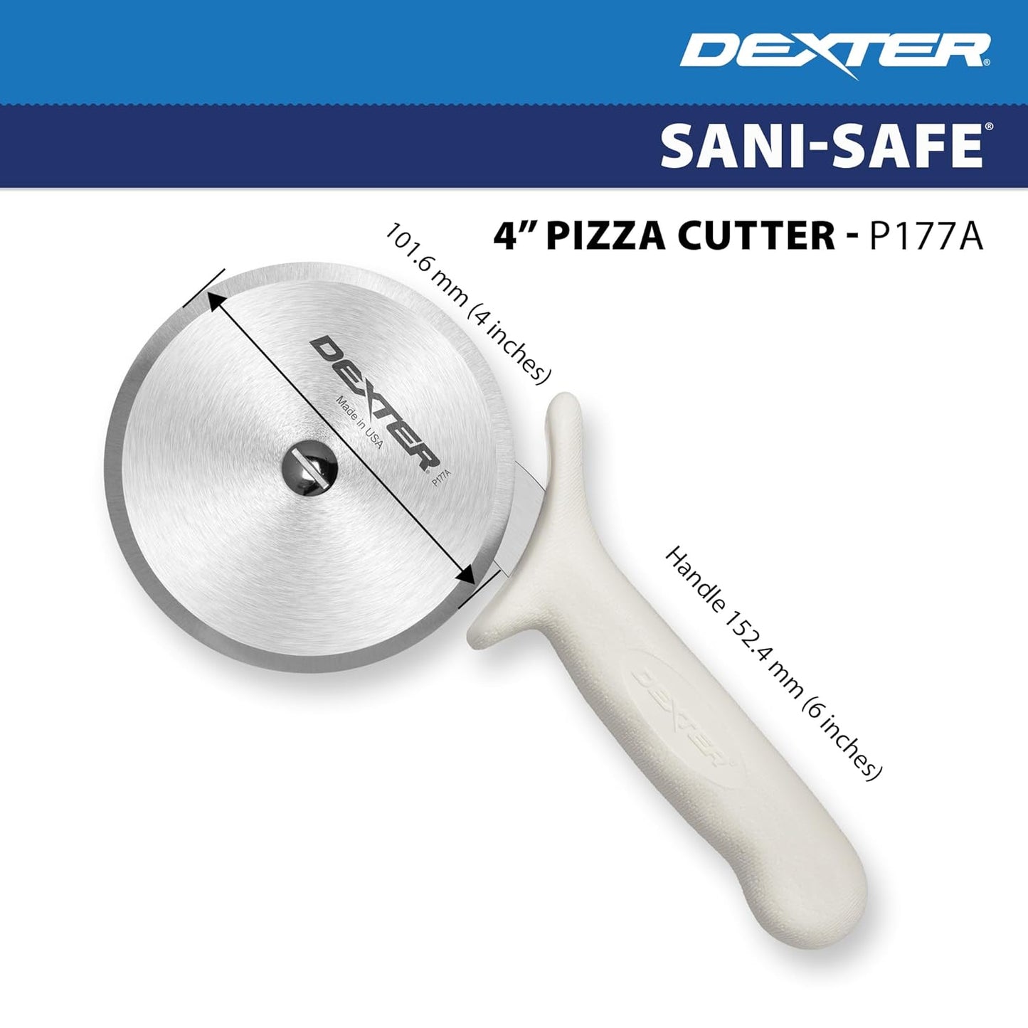 4" Pizza Cutter, P177A-4PCP | SANI-SAFE Series, Stainless Steel Blade with Slip-Resistant Polypropylene Handle | Heavy-Duty Rotary Cutter for Pizza, Pastry & More | Made in USA