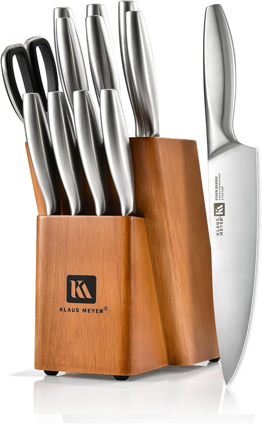 Eisen 13 Piece Stainless Steel Kitchen Knife Set With Block | Superior Carbon Steel, Dish-Washer Safe, 15-17 Degree Edge Angle, Hygienic Design, Non-Slip Handles, Starter Chefs’ Knife Set