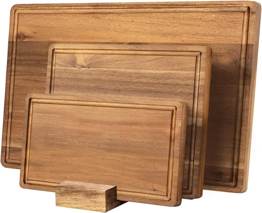 Wood Cutting Boards for Kitchen - Set of 3, Wooden Cutting Board Set with Holder for Chopping Meat, Cheese, Fruits, Vegetables, Knife Friendly Serving Tray