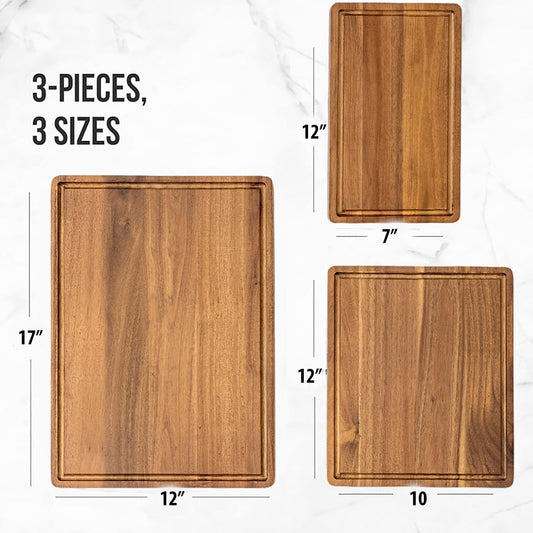 Wood Cutting Boards for Kitchen - Set of 3, Wooden Cutting Board Set with Holder for Chopping Meat, Cheese, Fruits, Vegetables, Knife Friendly Serving Tray