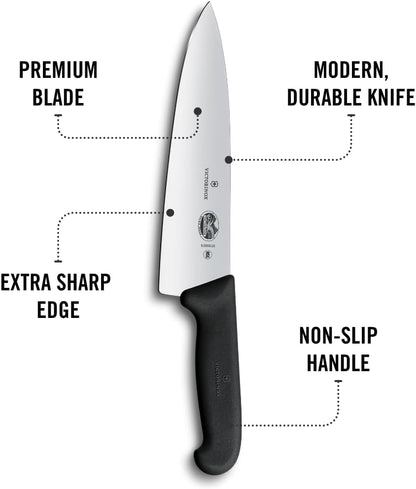Fibrox Pro 8 Inch Chef’s Knife, Dishwasher Safe, Black | Ergonomic TPE non-slip handle for professional chopping, slicing, and dicing. Swiss made, dishwasher safe kitchen tool