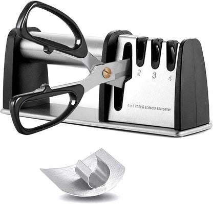 Knife Sharpeners, Best 4 in 1 Manual Kitchen Knives & Scissor Sharpeners, 4 - Stage Knife Sharpening System with Diamond Steel, Ceramic Stone, Ergonomic Design, Non-slip Base（Black）