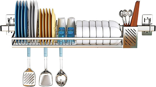 Stainless Steel Wall Mounted Dish Drying Rack, Dish Shelf Kitchen Storage Organizer, Chopsticks Cage Knife Holder, Space Saving, 31.4 inches