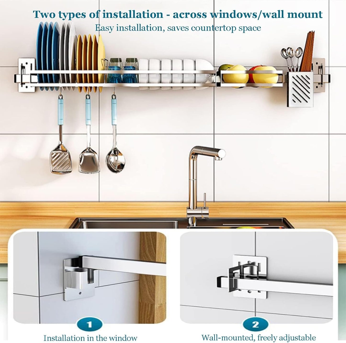 Stainless Steel Wall Mounted Dish Drying Rack, Dish Shelf Kitchen Storage Organizer, Chopsticks Cage Knife Holder, Space Saving, 31.4 inches
