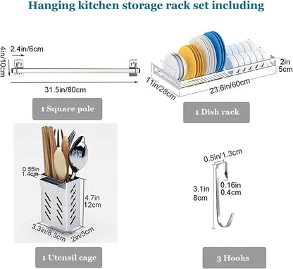 Stainless Steel Wall Mounted Dish Drying Rack, Dish Shelf Kitchen Storage Organizer, Chopsticks Cage Knife Holder, Space Saving, 31.4 inches