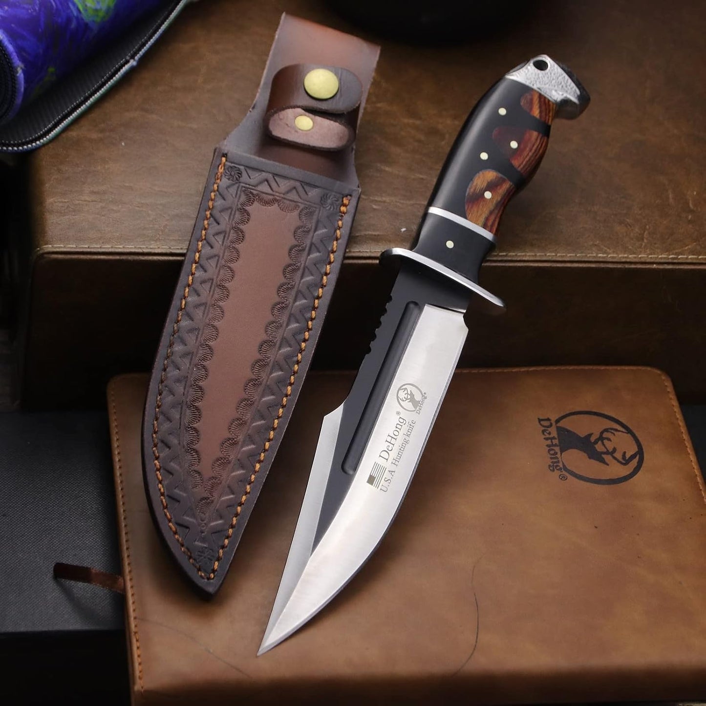 (DeHong-88 Hunting Knife, 7.1" (about 18 cm) Fixed Blade Tactical knife ，Configure leather scabbard,Camping, survival， Slicing, Boning, Gift Collection