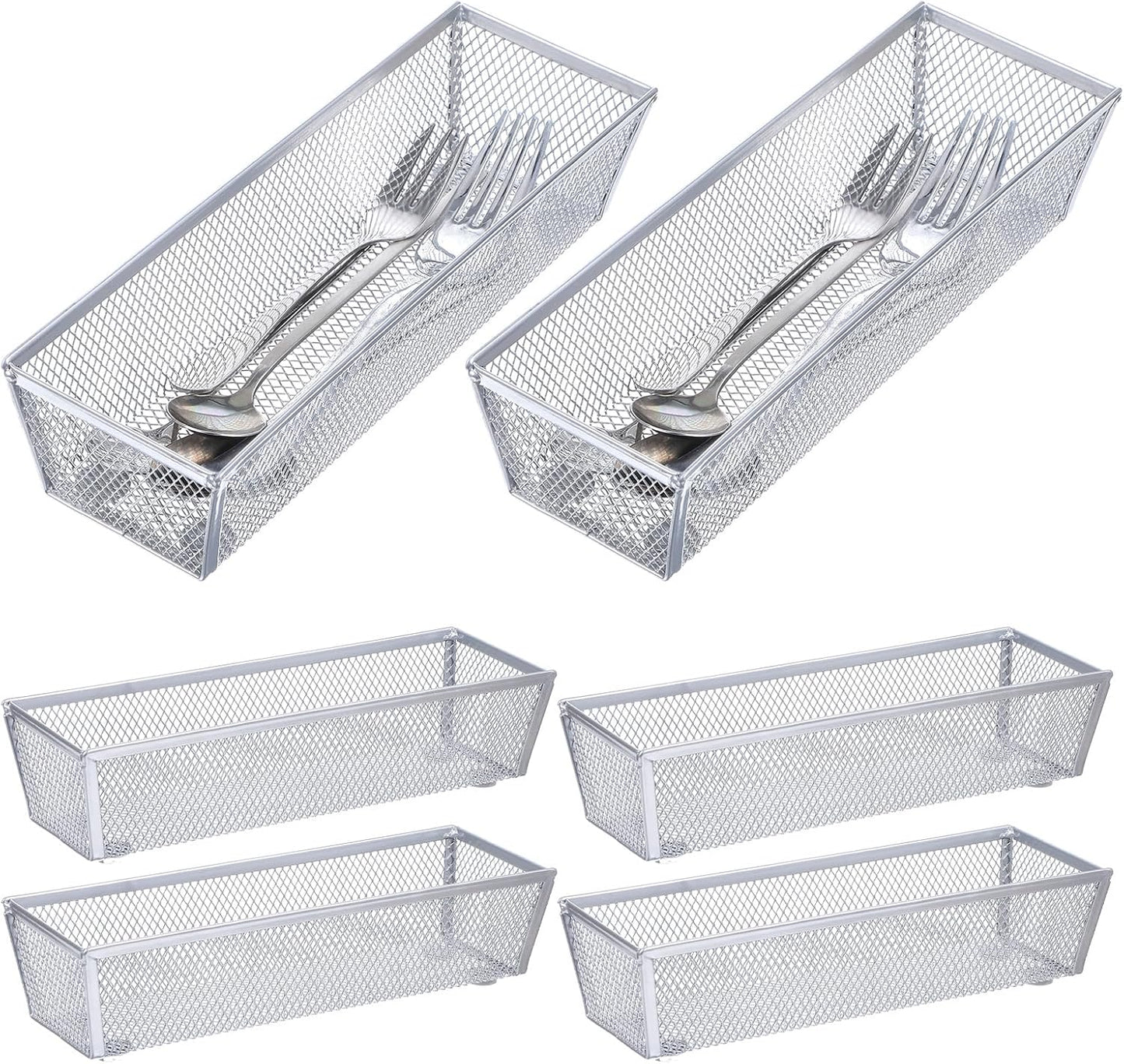 6 PCS Mesh Flatware Organizer, Silver Mesh Drawer Organizer for Kitchen, Metal Utensil Organizers for Flatware, Knives, Spoons,Cosmetic for Kitchen Utensil Tray (Silver, 9 x 3 x 2 inch)