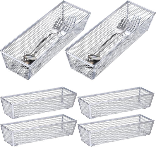 6 PCS Mesh Flatware Organizer, Silver Mesh Drawer Organizer for Kitchen, Metal Utensil Organizers for Flatware, Knives, Spoons,Cosmetic for Kitchen Utensil Tray (Silver, 9 x 3 x 2 inch)