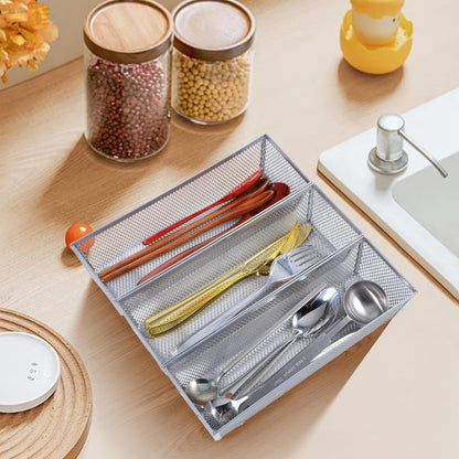 6 PCS Mesh Flatware Organizer, Silver Mesh Drawer Organizer for Kitchen, Metal Utensil Organizers for Flatware, Knives, Spoons,Cosmetic for Kitchen Utensil Tray (Silver, 9 x 3 x 2 inch)
