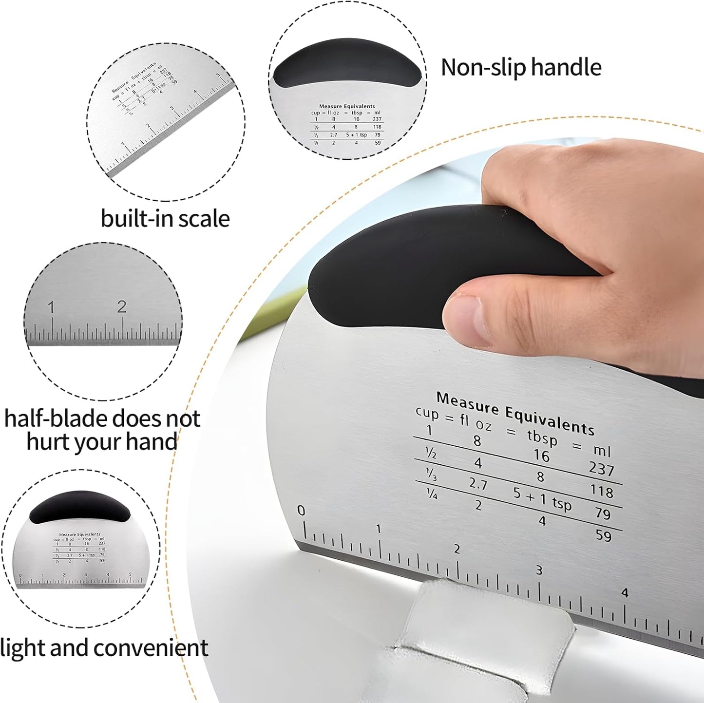 2pcs Semicircular Bench Scraper Cutter,Pastry Scraper with Non-Slip Ergonomic Handle,Stainless Steel Dough Cutter for Baking and Cooking