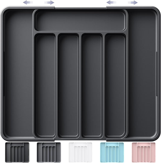 Cutlery Drawer Organiser for Kitchen - Adjustable Cutlery Tray for Effortless Utensil Sorting, Versatile Kitchen Storage & Organisation Solution, 12.13" x 1.54" x 8.07"~13.90", Black