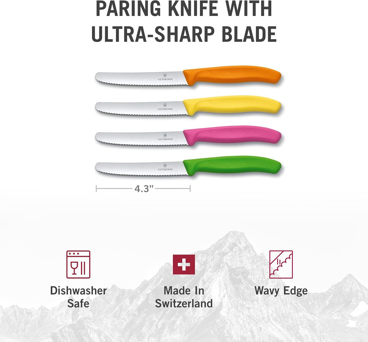 Swiss Classic Paring Knife Set - Superior Kitchen Knives for Cutting Fruit, Vegetables & More - Cooking Knives for Kitchen Accessories - Multicolored 4-Piece Set, Serrated Edge, 4.3"