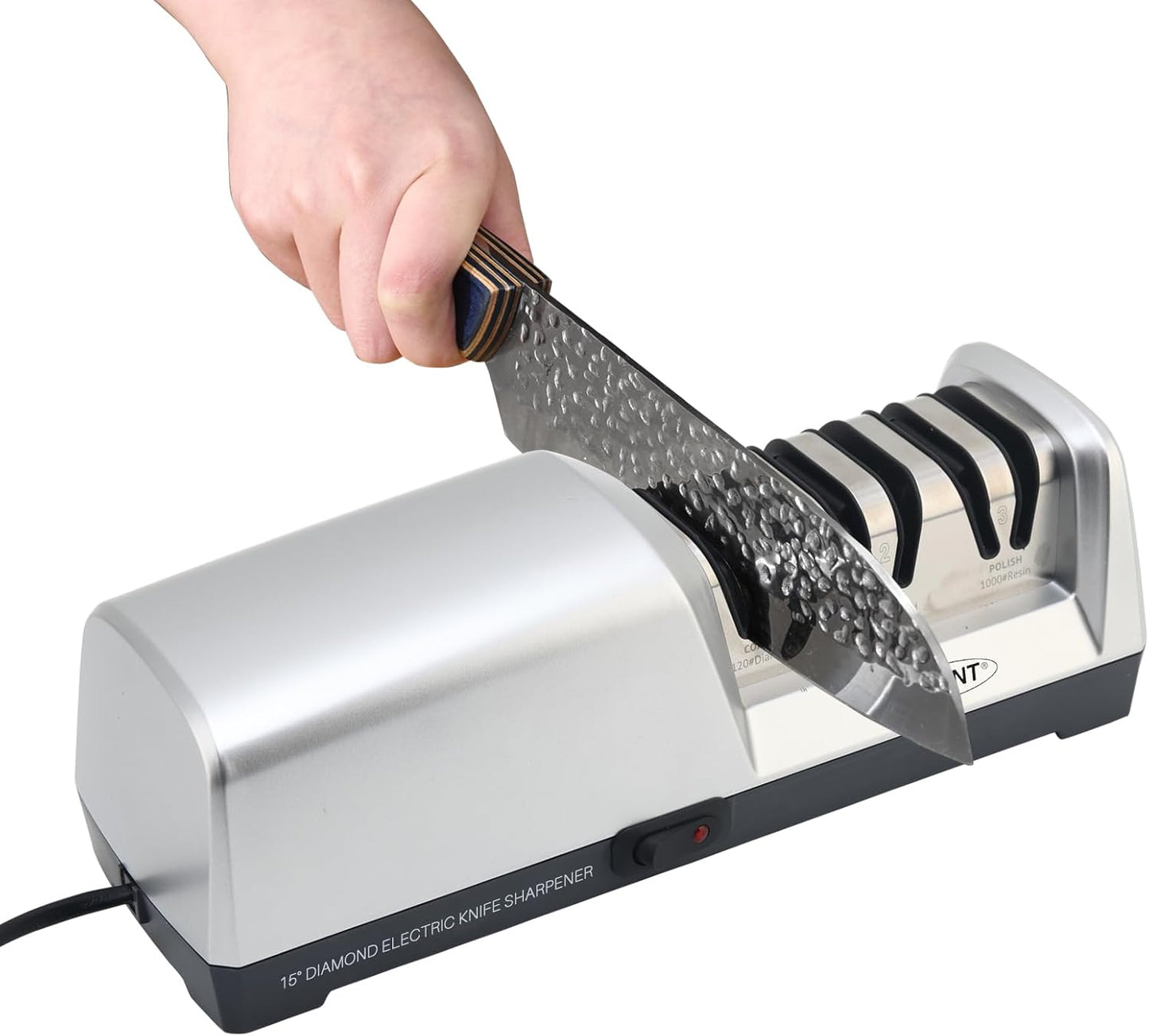 15° Electric Knife Sharpener for Kitchen Knives with 3-step Sharpening System and Diamond Abrasives Suitable for most Metal Ceramic Knives