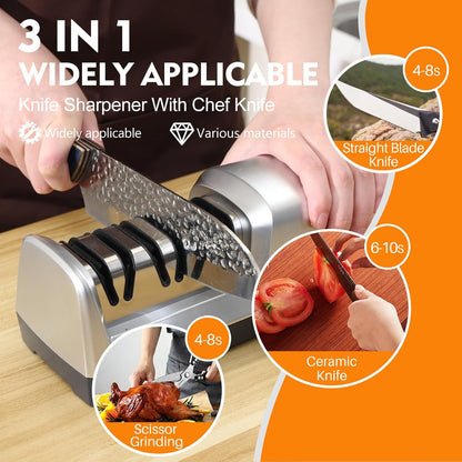 15° Electric Knife Sharpener for Kitchen Knives with 3-step Sharpening System and Diamond Abrasives Suitable for most Metal Ceramic Knives