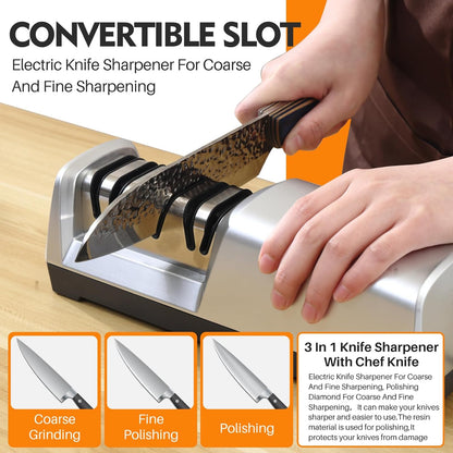 15° Electric Knife Sharpener for Kitchen Knives with 3-step Sharpening System and Diamond Abrasives Suitable for most Metal Ceramic Knives