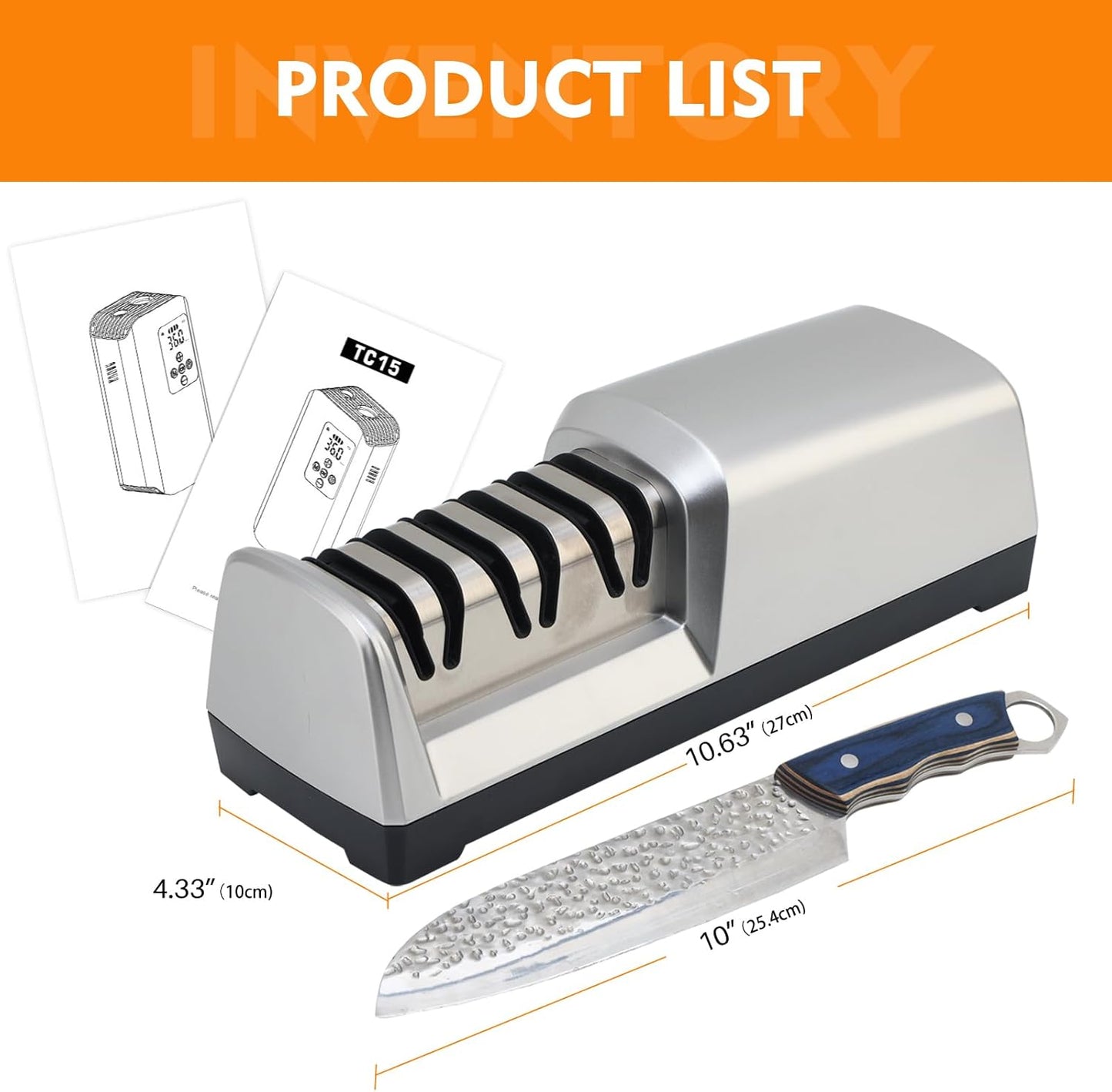 15° Electric Knife Sharpener for Kitchen Knives with 3-step Sharpening System and Diamond Abrasives Suitable for most Metal Ceramic Knives