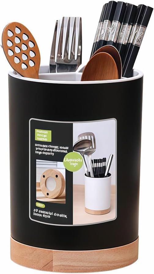 Modern Kitchen Utensil Holder with Drainage, Black and Wood Base, 3 Compartment Divided Organizer for Spoons Forks Knives, Countertop Caddy for Cooking Tools and Cutlery Storage- Non-Slip