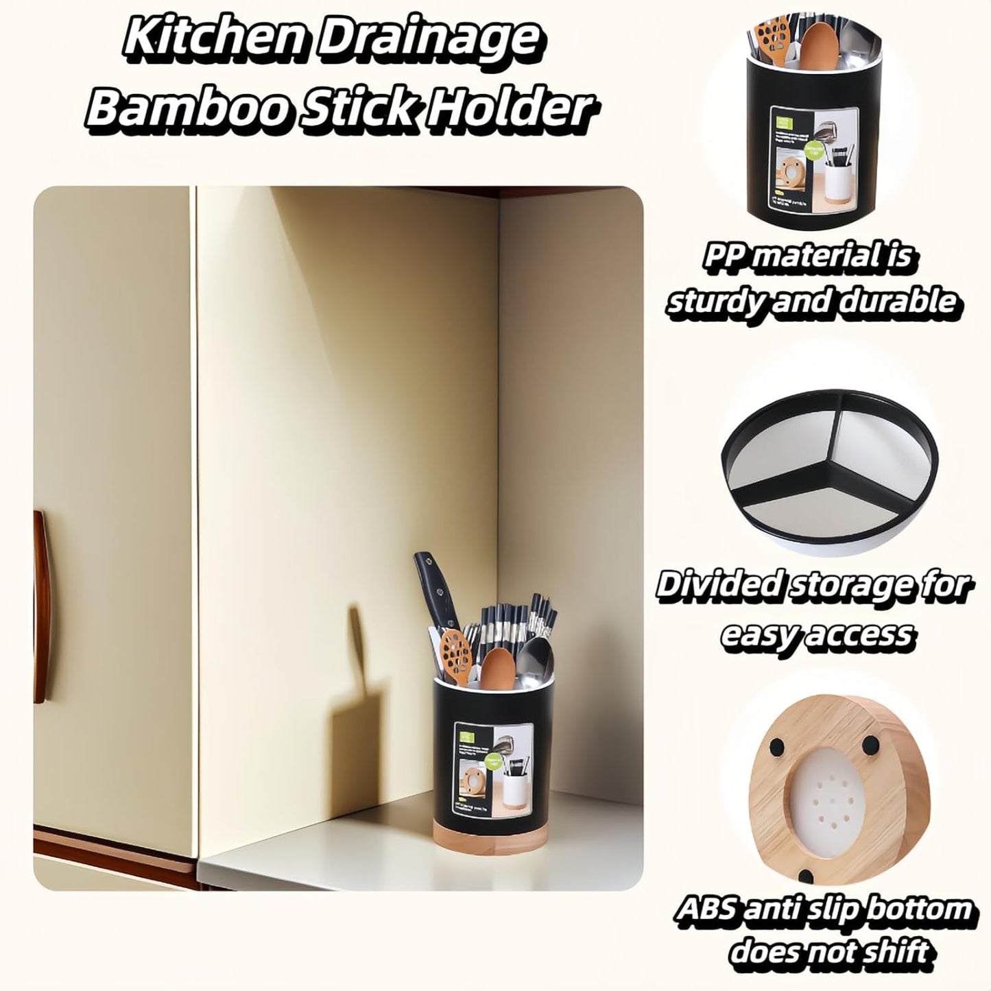 Modern Kitchen Utensil Holder with Drainage, Black and Wood Base, 3 Compartment Divided Organizer for Spoons Forks Knives, Countertop Caddy for Cooking Tools and Cutlery Storage- Non-Slip