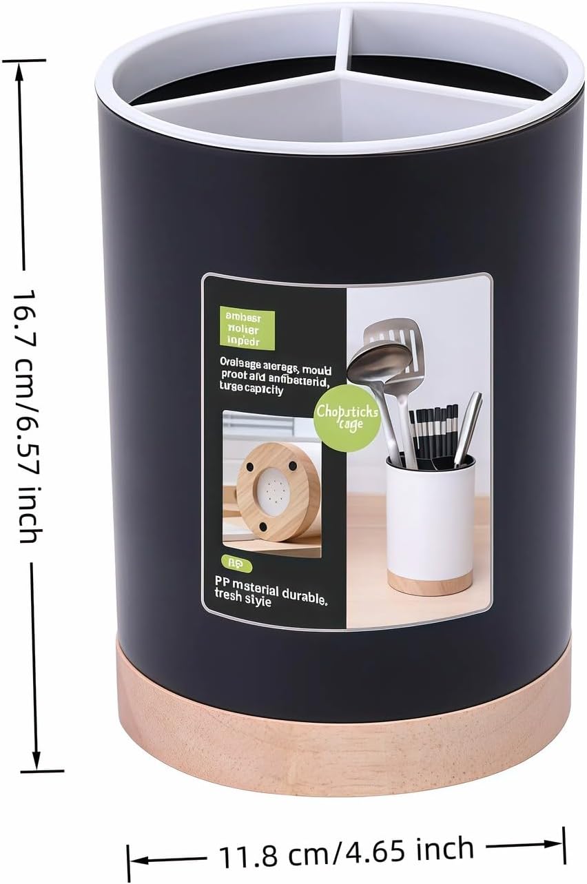 Modern Kitchen Utensil Holder with Drainage, Black and Wood Base, 3 Compartment Divided Organizer for Spoons Forks Knives, Countertop Caddy for Cooking Tools and Cutlery Storage- Non-Slip