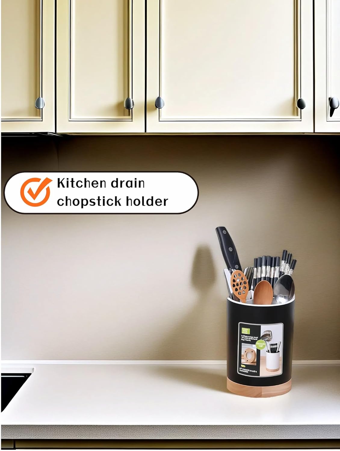 Modern Kitchen Utensil Holder with Drainage, Black and Wood Base, 3 Compartment Divided Organizer for Spoons Forks Knives, Countertop Caddy for Cooking Tools and Cutlery Storage- Non-Slip