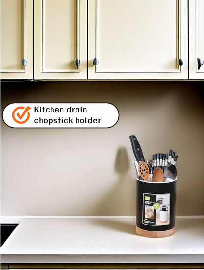 Modern Kitchen Utensil Holder with Drainage, Black and Wood Base, 3 Compartment Divided Organizer for Spoons Forks Knives, Countertop Caddy for Cooking Tools and Cutlery Storage- Non-Slip