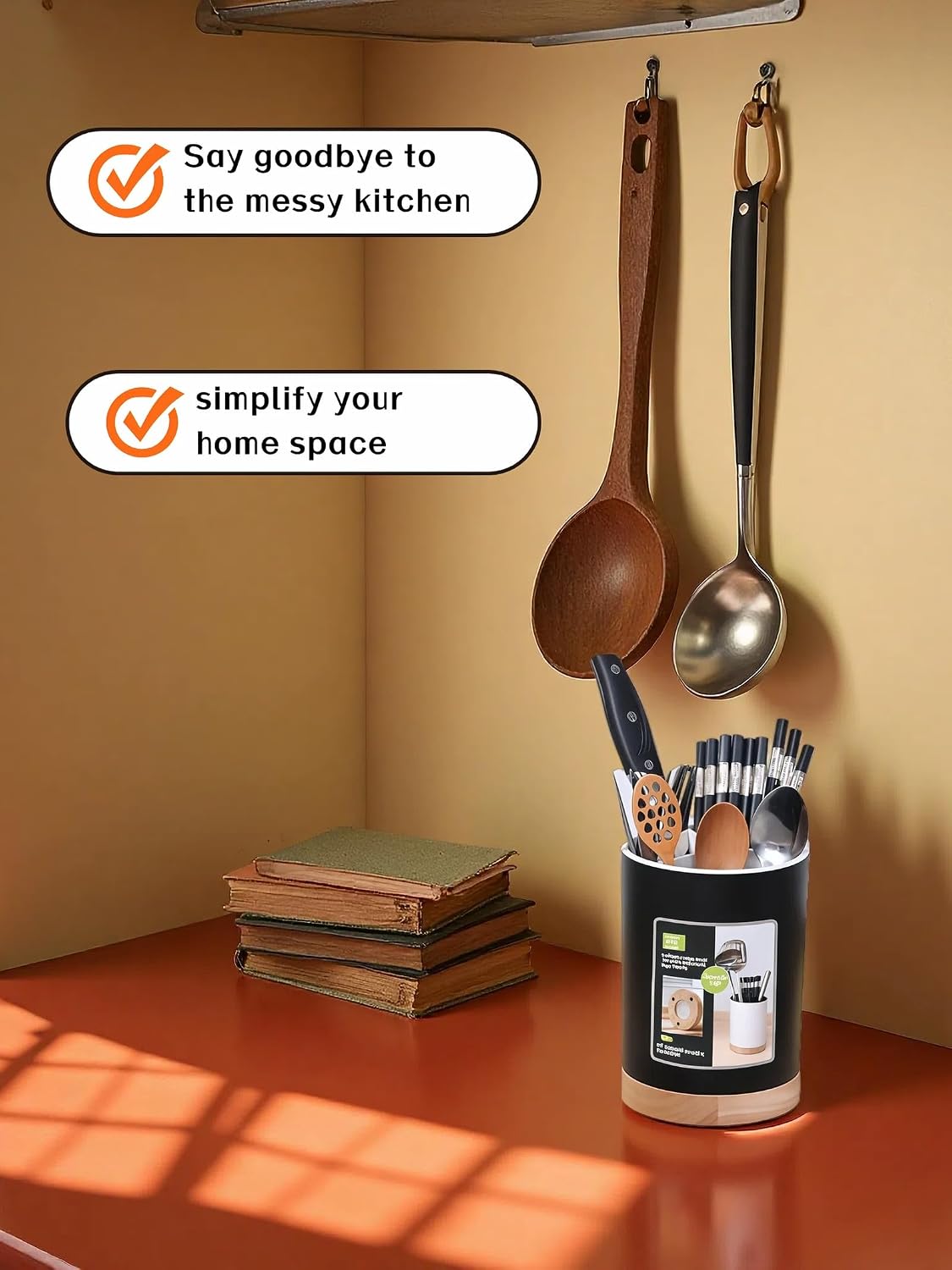 Modern Kitchen Utensil Holder with Drainage, Black and Wood Base, 3 Compartment Divided Organizer for Spoons Forks Knives, Countertop Caddy for Cooking Tools and Cutlery Storage- Non-Slip