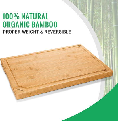 Extra Large 18" x 12" Bamboo Cutting Board for Kitchen, Heavy Duty Wood Cutting Board with Juice Groove, 100% Organic Bamboo, Pre Oiled