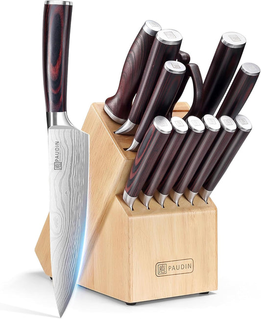 Kitchen Knife Set with Block, 14 Pieces Knife Sets for Kitchen with Block, High Carbon German Stainless Steel Sharp Chef Knife Set with Ergonomic Pakkawood Handle