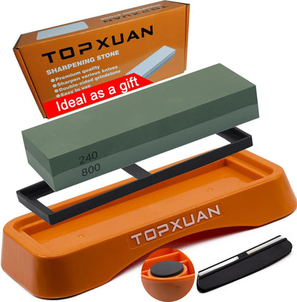 Knife Sharpening Stone Sided 400/1000 Grit sharpener Waterstone,Professional Kitchen Whetstone with Orange Plastic Base, Non-slip Rubber and Angle Guide