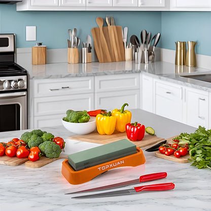 Knife Sharpening Stone Sided 400/1000 Grit sharpener Waterstone,Professional Kitchen Whetstone with Orange Plastic Base, Non-slip Rubber and Angle Guide