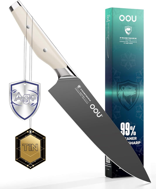 8 Inch Chef Knife, German 1.4116 Stainless Steel Kitchen Knife, Gunmetal Blade with AgShield & TinSharp Finish, Balanced ABS Handle, Sharp Cooking Knife for Meat, Vegetables and Daily Prep