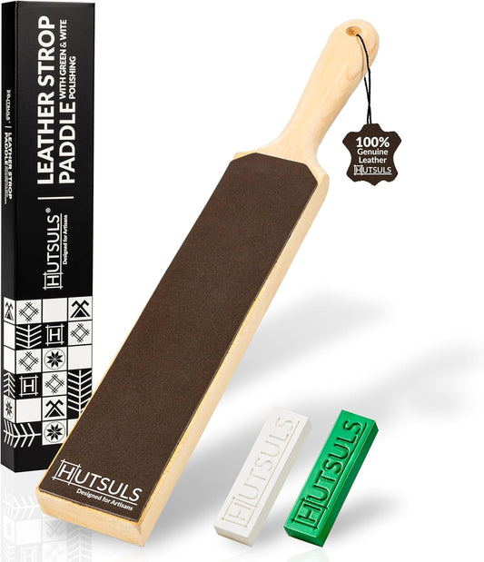 Leather Strop for Knife Sharpening - Top-Tier Double Sided Knife Stropping Kit with White & Green Paddle Strop Compound, Easy to Use Sharpener Leather Knife Strop Kit for Razor Sharp Edges