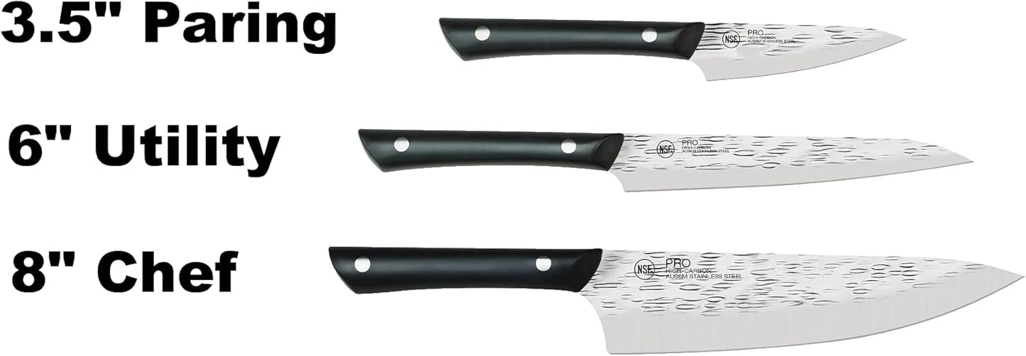 PRO 3 Piece Starter Set | Includes 8" Chef, 3.5" Paring & 6" Utility Knife, Japanese AUS6M Stainless Steel Blades, Full-Tang POM Handle, NSF Certified