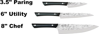 PRO 3 Piece Starter Set | Includes 8" Chef, 3.5" Paring & 6" Utility Knife, Japanese AUS6M Stainless Steel Blades, Full-Tang POM Handle, NSF Certified