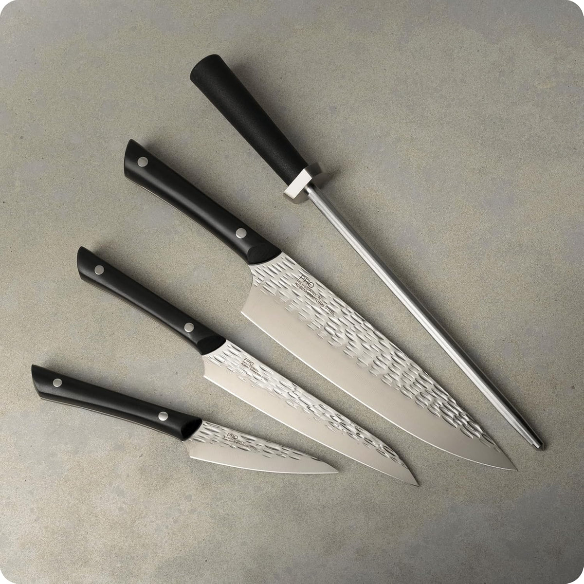 PRO 3 Piece Starter Set | Includes 8" Chef, 3.5" Paring & 6" Utility Knife, Japanese AUS6M Stainless Steel Blades, Full-Tang POM Handle, NSF Certified