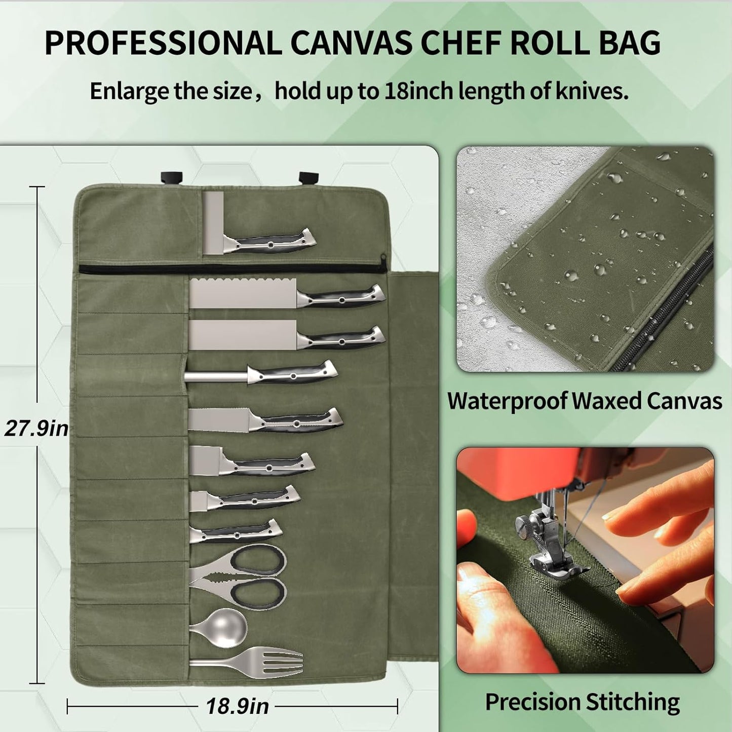 Upgraded Chef Knife Roll Bag, Waterproof Waxed Canvas Knife Case Holds Size Up to 18'', Portable Knife Holder with 11 Slots for Knives with Adjustable Strap, Gift for Beginner or Pro