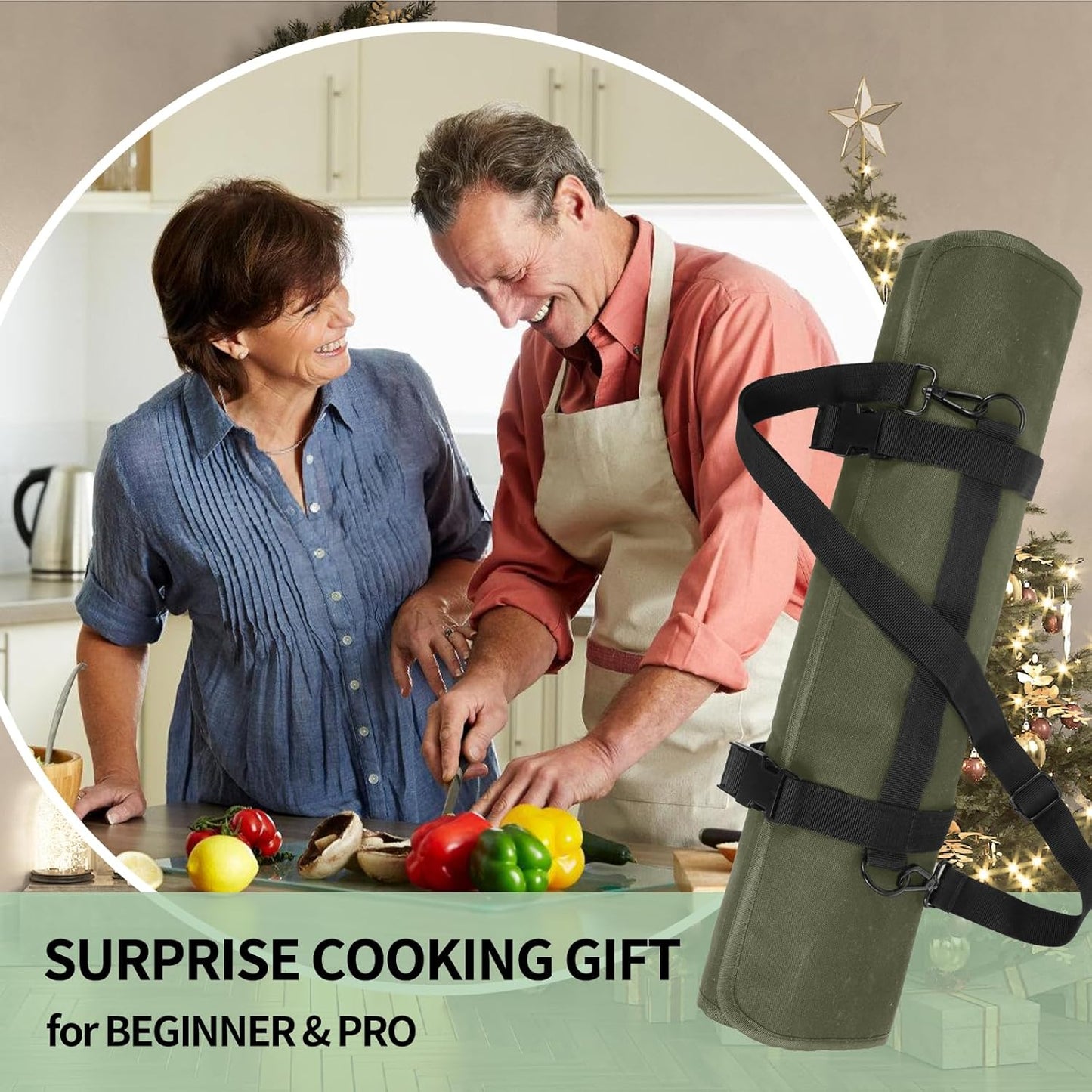 Upgraded Chef Knife Roll Bag, Waterproof Waxed Canvas Knife Case Holds Size Up to 18'', Portable Knife Holder with 11 Slots for Knives with Adjustable Strap, Gift for Beginner or Pro
