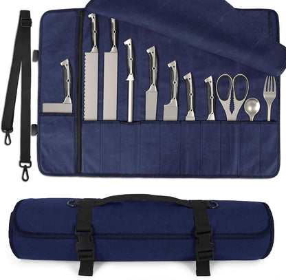 Upgraded Chef Knife Roll Bag, Waterproof Waxed Canvas Knife Case Holds Size Up to 18'', Portable Knife Holder with 11 Slots for Knives with Adjustable Strap, Gift for Beginner or Pro