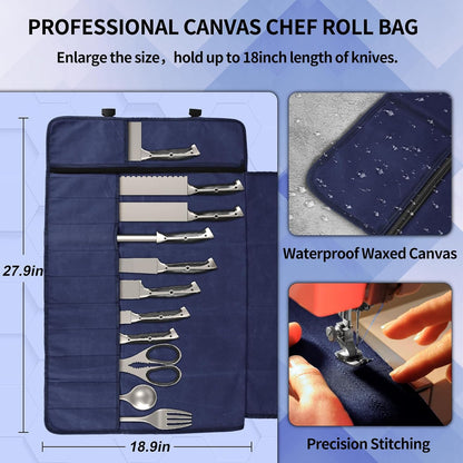 Upgraded Chef Knife Roll Bag, Waterproof Waxed Canvas Knife Case Holds Size Up to 18'', Portable Knife Holder with 11 Slots for Knives with Adjustable Strap, Gift for Beginner or Pro