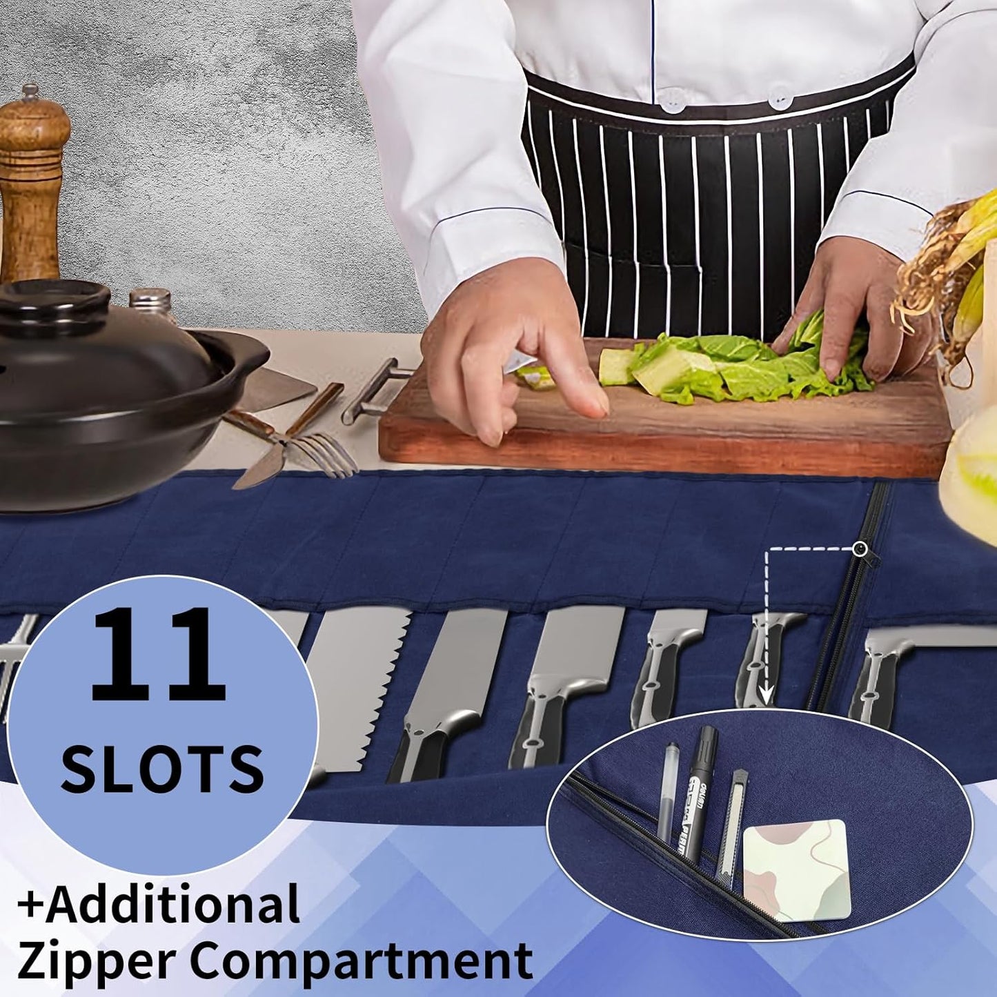 Upgraded Chef Knife Roll Bag, Waterproof Waxed Canvas Knife Case Holds Size Up to 18'', Portable Knife Holder with 11 Slots for Knives with Adjustable Strap, Gift for Beginner or Pro